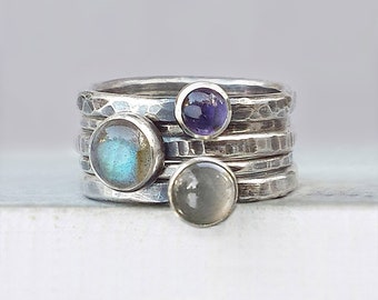 Hammered Silver Stacking Rings With Labradorite Moonstone - Etsy