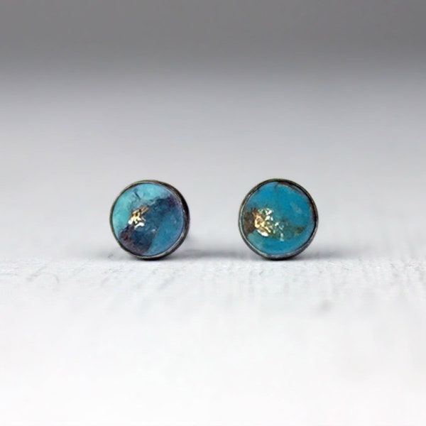 Blue Copper Turquoise Studs, Sterling Silver and Turquoise Post Earrings, Bezel Set Earrings with Patina