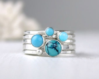 Turquoise Stacking Rings, Hammered Silver Stacking Rings, Stackable Rings, Turquoise Jewelry, Sleeping Beauty Turquoise Rings