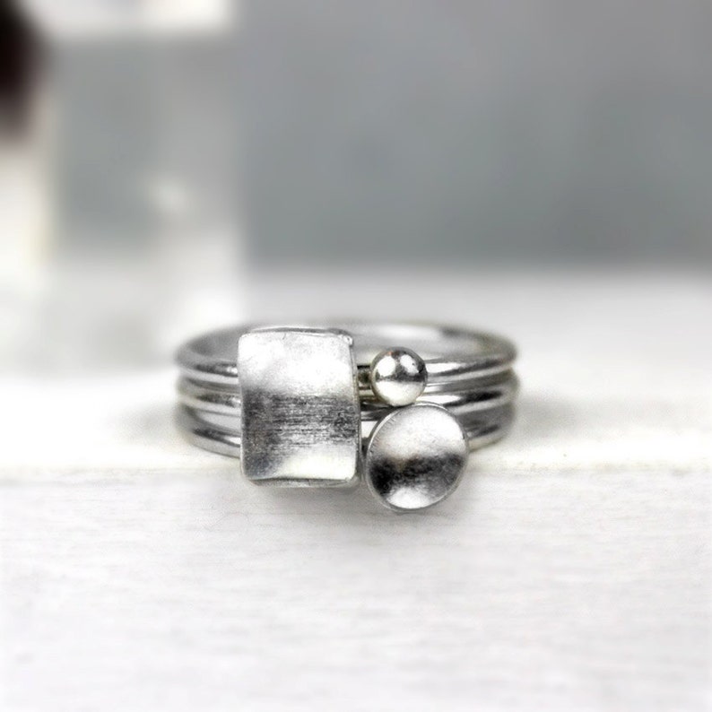 Silver Stacking Rings with Geometric Shapes, Minimalist Rings, Ring Set high  polish