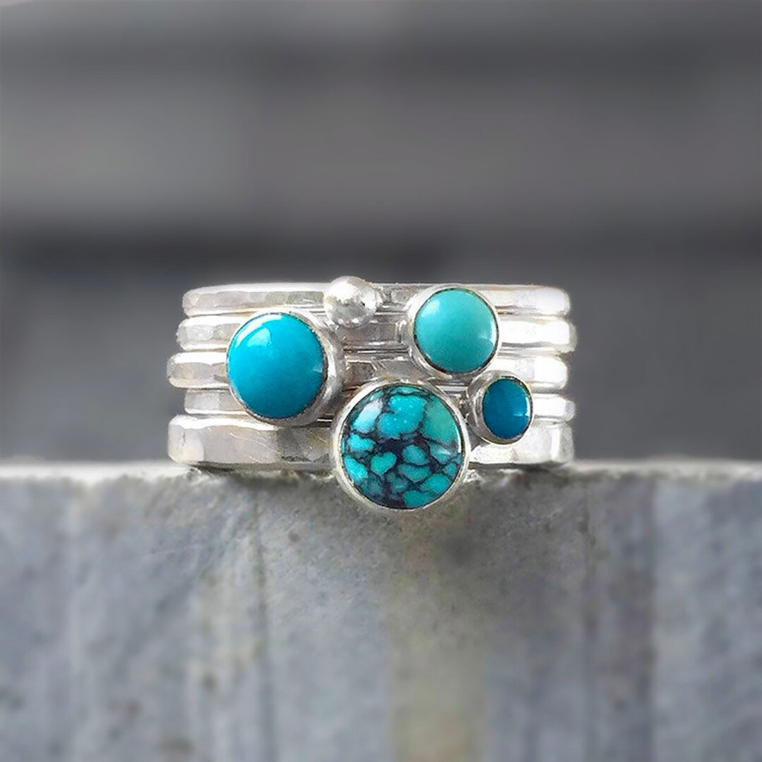 Hammered Sterling Silver and Blue Turquoise Stacking Rings: Select Your ...