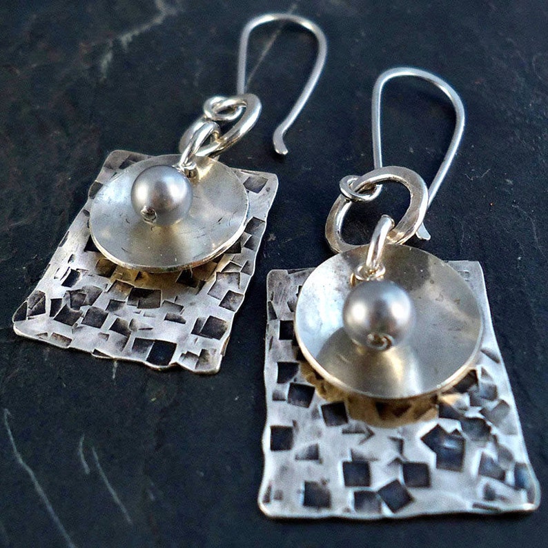 Geometric Pearl Earrings Hammered Silver Rectangle Dangle Etsy