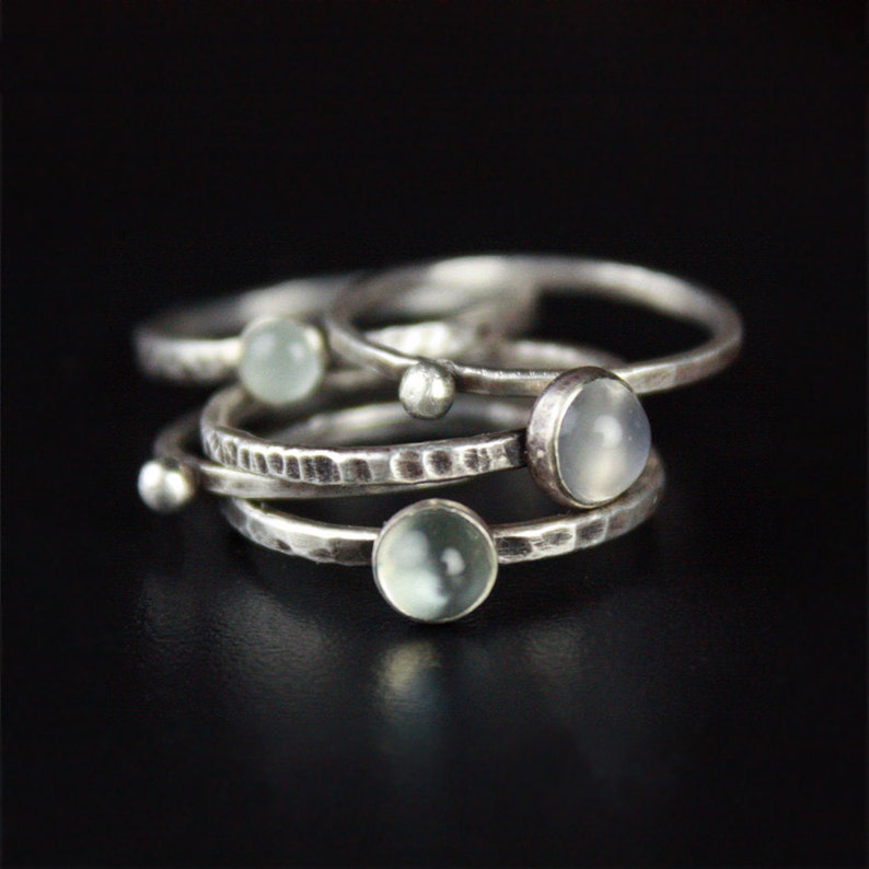 Moonstone and Aquamarine Stacking Rings Hammered Silver Etsy