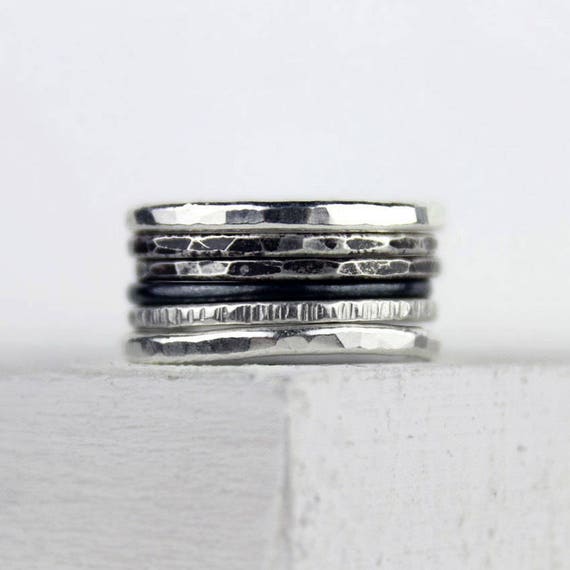 Hand-Stamped Rings Textured Sterling Silver Stacking Rings Oxidised Silver Stacking Rings Pattern Stacking Rings