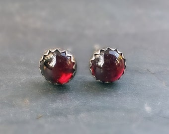 Red Garnet Studs, Sterling Silver Post Earrings with Oxidized Finish, Minimalist Gemstone Earrings