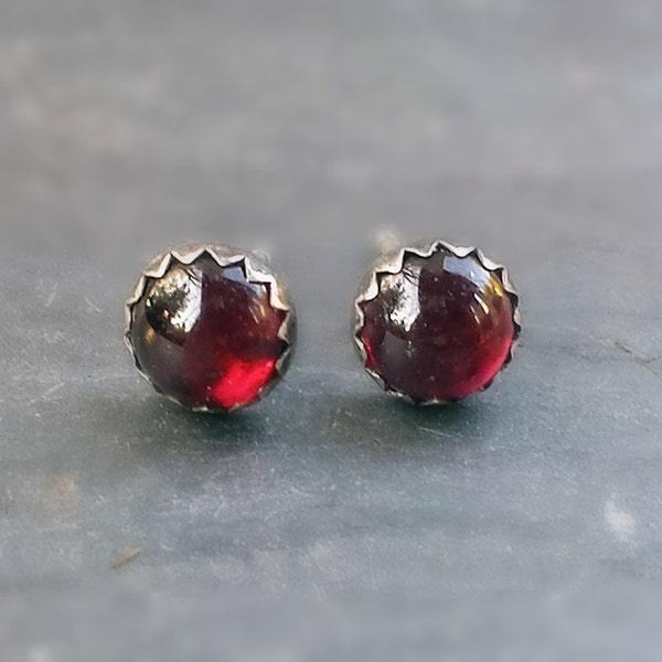 Red Garnet Studs, Sterling Silver Post Earrings with Oxidized Finish, Minimalist Gemstone Earrings