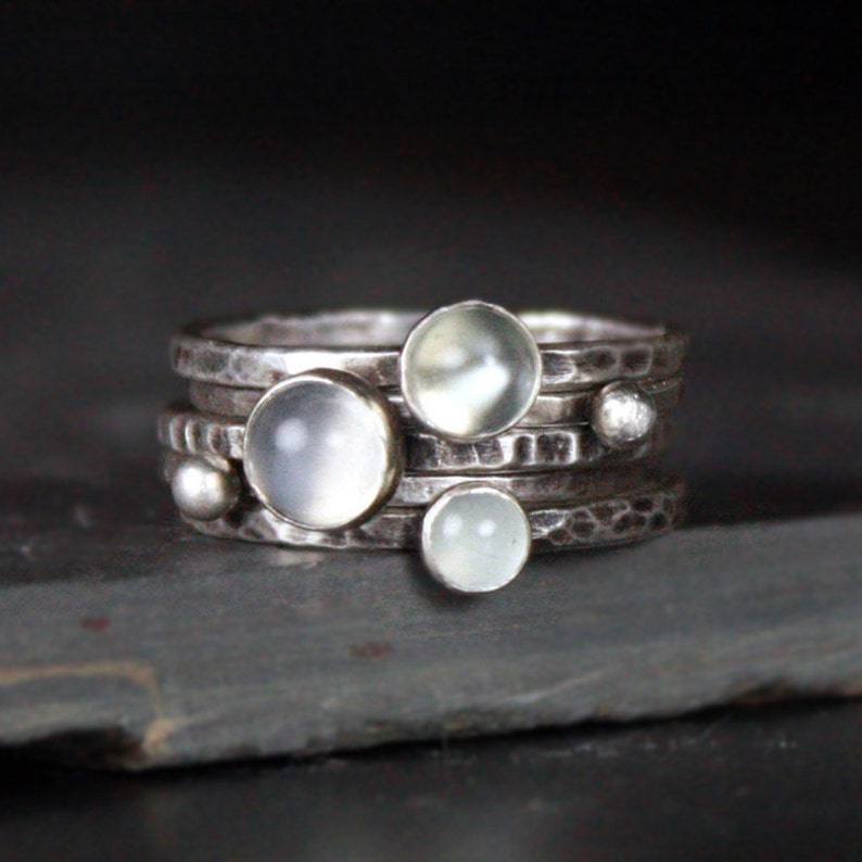 Moonstone and Aquamarine Stacking Rings Hammered Silver Etsy