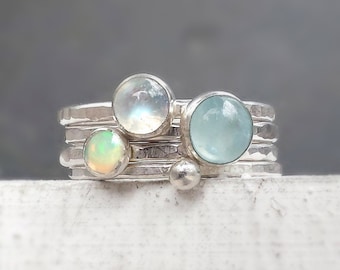 Silver Stacking Rings, Gemstone Ring Set,  Hammered Silver Rings, Aquamarine, Moonstone and Ethiopian Opal