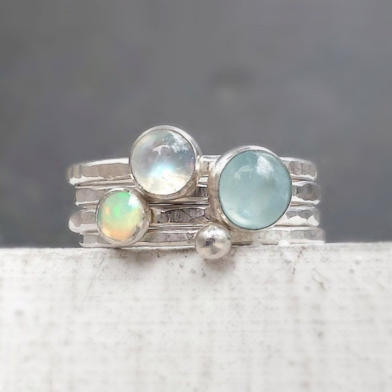 Aquamarine Moonstone and Opal Stacking Rings with Dotted Etsy