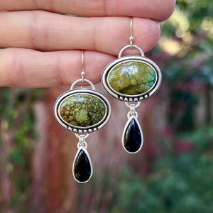 Green Turquoise and Black Onyx Earrings, Double Drop Earrings, Ready to Ship