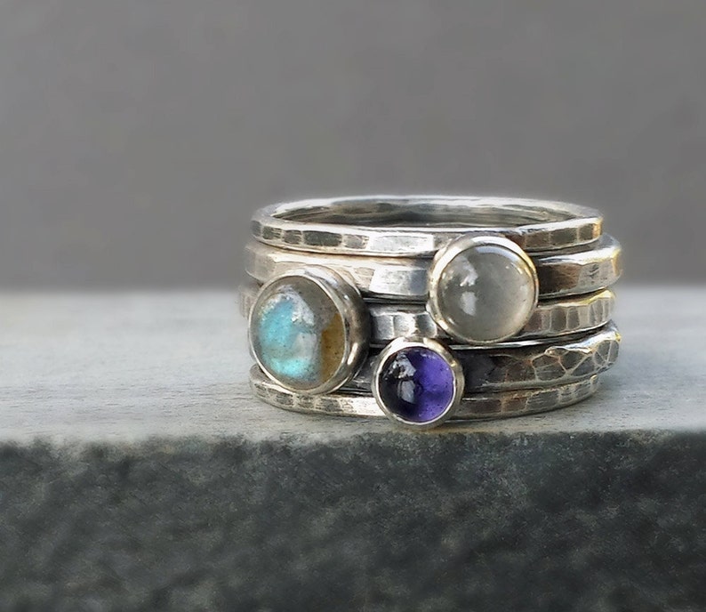 Hammered Silver Stacking Rings With Labradorite Moonstone - Etsy