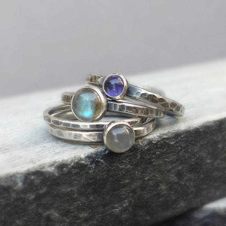 Hammered Silver Stacking Rings With Labradorite Moonstone - Etsy