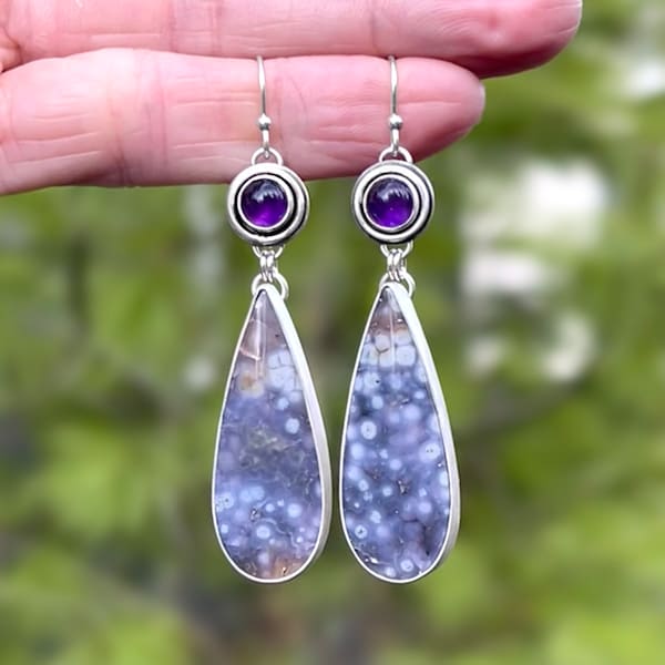 Grape Agate and Purple Amethyst Earrings, Double Drop Earrings, Ready to Ship