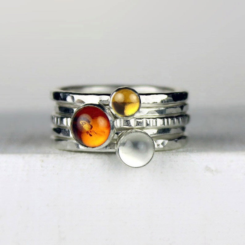 Hammered Silver and Gemstone Rings, Stacking Rings with Amber, Citrine and Moonstone image 1