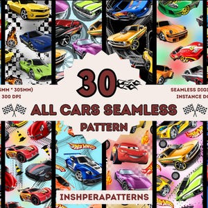 Könnte beinhalten: Ein digitales Design mit einer Collage von bunten Spielzeugautos. Das Design enthält den Text "30 ALL CARS SEAMLESS PATTERN" und "INSHPERAPATTERNS". Die Bildabmessungen betragen 305 mm x 305 mm.