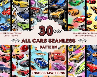 30 Cars Digital Seamless Pattern Bundle: Hot Wheels Race Designs (PDF Download)