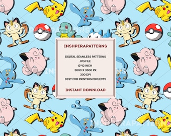 Pokemon Seamless Pattern Cute Pikachu Friends Cartoon Fabric Digital Download Kids Wallpaper Printable Craft Background
