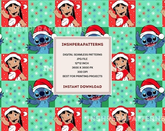 Christmas Lilo & Stitch Fabric Seamless Pattern (Digital Download)