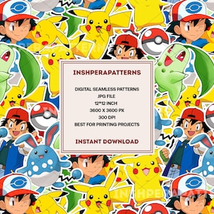 Pokemon Seamless Pattern Repeated Pattern hand drawn digital design use for kids background and commercial instant download JPG for craft