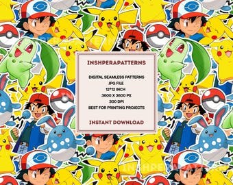 Pokemon Seamless Pattern Repeated Pattern hand drawn digital design use for kids background and commercial instant download JPG for craft