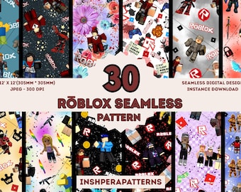 Könnte beinhalten: Ein digitales Design mit 30 nahtlosen Roblox-Mustern. Die Muster umfassen verschiedene Roblox-Charaktere, Logos und thematische Elemente. Das Bild enthält auch die Abmessungen 305mm x 305mm und den Text "Seamless Digital Design Instance Download."
