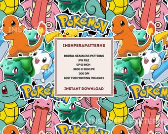 Pokemon Style Cartoon Seamless Pattern Cute Monster Fabric Digital Download Kids Wallpaper Printable Craft Background Design Art
