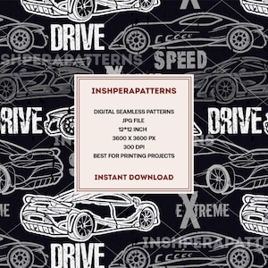 Patrón sin costuras de coche de carreras, descarga digital, diseño imprimible para tela de coche deportivo para niños, fondo de pantalla de velocidad automotriz, estampado de pista de carreras