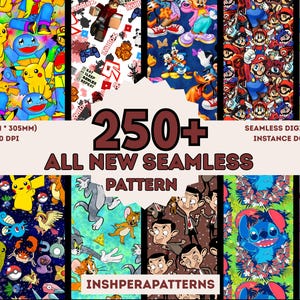Puede incluir: Una colección de patrones digitales sin costuras con personajes y diseños de dibujos animados. La imagen incluye personajes de Super Mario, Pokemon, Roblox y Disney. El texto incluye "250+ All New Seamless Pattern" y "Seamless Digital Design Instance Download."