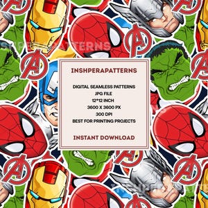 Superhjälte sömlöst mönster: Tecknad Clipart Digitalt Papper (JPEG-fil)