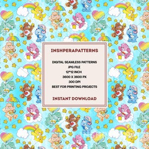 Care Bears Seamless Pattern, Kids Sublimation Fabric (JPEG File)
