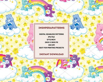 Rainbow Care Bears Seamless Pattern, Kids Fabric (Digital Download)