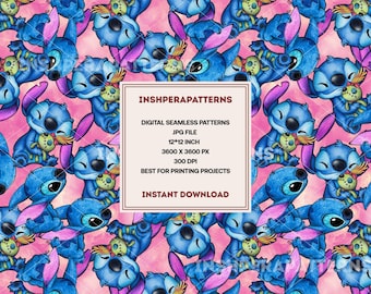 Cute Stitch Seamless Pattern Blue Alien Cartoon Fabric Digital Download Pink Background Kids Wallpaper Printable Craft Design Art