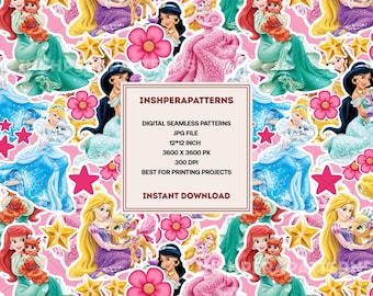 Princess Seamless Pattern: Hand-Drawn Digital Fabric Texture (JPG Digital Download)