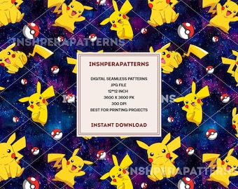 Pikachu Seamless Pattern Galaxy Anime Cartoon Fabric Digital Download Space Wallpaper Printable Kids Craft Design Background Art