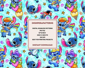 Cute Stitch Ice Cream Seamless Pattern Colorful Cartoon Fabric Digital Download Blue Alien Wallpaper Kids Craft Sublimation Summer Design