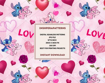Stitch and Angel Love Pattern, Cartoon Fabric Design (Digital Download)