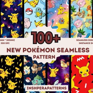 May include: A digital design showcasing multiple Pokémon characters on various colourful backgrounds. The image features a variety of seamless patterns, including Pikachu, Eevee, and other popular characters. The design is 30.5 x 30.5 cm and available for instant download.