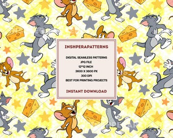 Cartoon Mouse Cat Seamless Pattern, Yellow Cheese Print (Digital Download)
