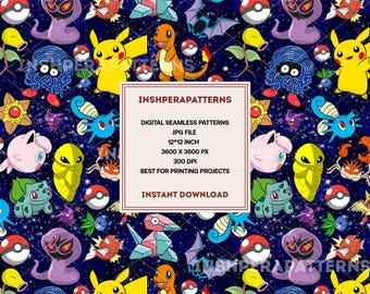 Pokémon Seamless Pattern, Kawaii Anime Digital Paper (JPEG File)