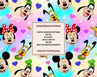 Digital Cartoon Character Seamless Pattern Colorful Hearts Fabric Digital Download Kids Wallpaper Printable Craft Design Background Art