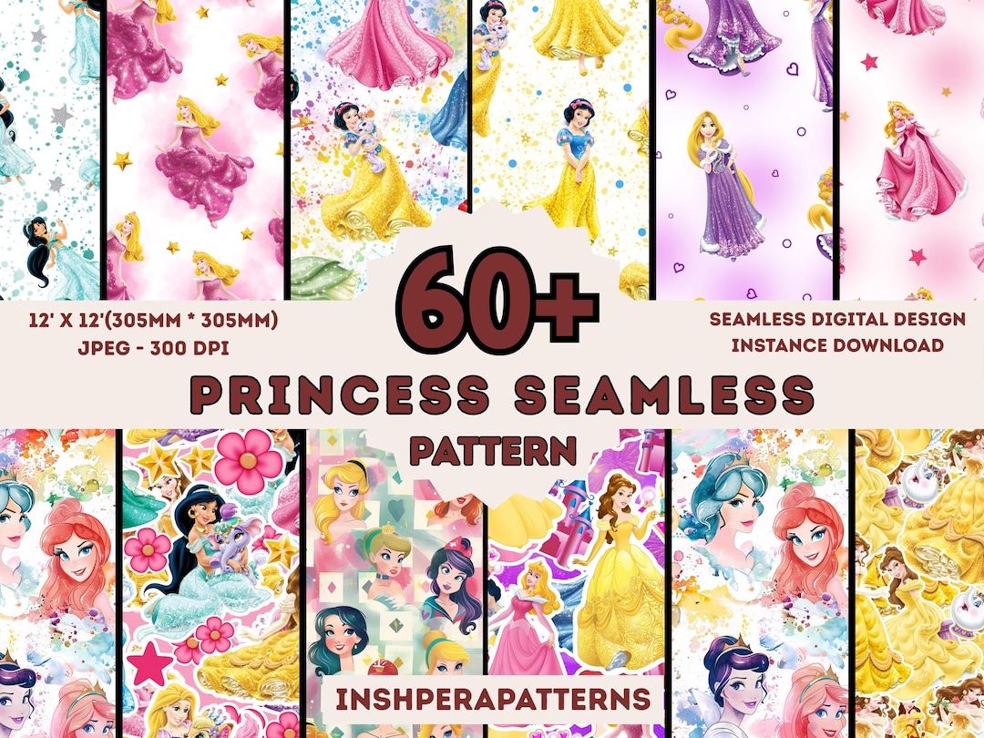 Princess Seamless Pattern Bundle: 60+ Digital Designs, 300 DPI (digital ...