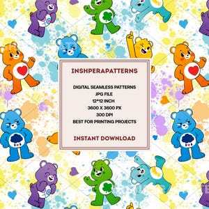 Wzór bezszwowego misia Care Bear: scrapbooking, druk na tkaninie (pobranie cyfrowe, plik JPEG)