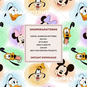 Mickey Friends Seamless Pattern, Crayon Sketch (Digital Download)