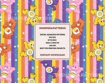 Bear Seamless Pattern Rainbow Cartoon Fabric Digital Download Colorful Kids Wallpaper Printable Craft Design Striped Background Art