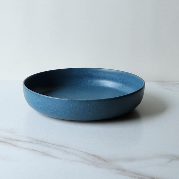 9" shallow pasta bowl, glazed in Teal Blue : Handmade, wheel thrown stoneware