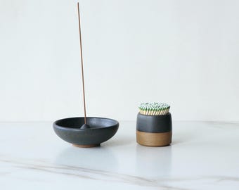 Match striker + incense holder set, glazed in Black : Handmade, wheel thrown stoneware