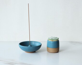 Match striker + incense holder set, glazed in Teal : Handmade, wheel thrown stoneware