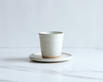 SECONDS SALE : 6 oz cup and saucer set. Speckled clay, glazed in Cream.