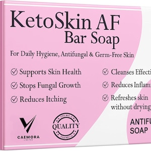 May include: A pink box of KetoSkin AF Bar Soap. The packaging displays the product name, key benefits, and the text "For Daily Hygiene, Antifungal & Germ-Free Skin." It weighs 75g.