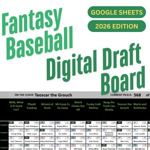 May include: Digital draft board for Fantasy Baseball, 2026 edition, with player stats and team information. The board includes team names, player names, and positions. The text "GOOGLE SHEETS" is at the top.